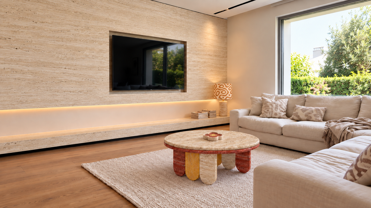 CACTUS coffee table, LINEN lamp and Alhambra in the same travertine living room