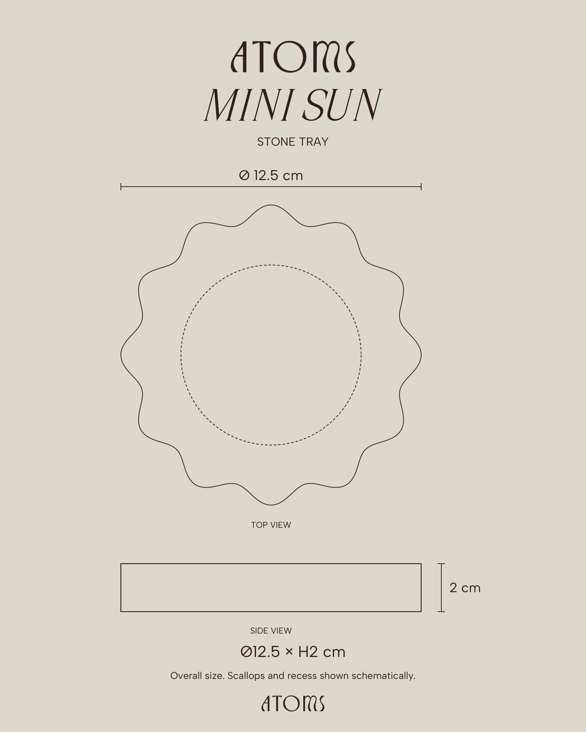 Mini Sun Tray dimension outline on BONE background: 12.5 cm overall diameter and 2 cm total thickness. Scallops and recess are schematic.