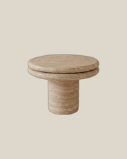 BALZANO Side Table in Travertine Beige on BONE background, 50 cm diameter and 45 cm high