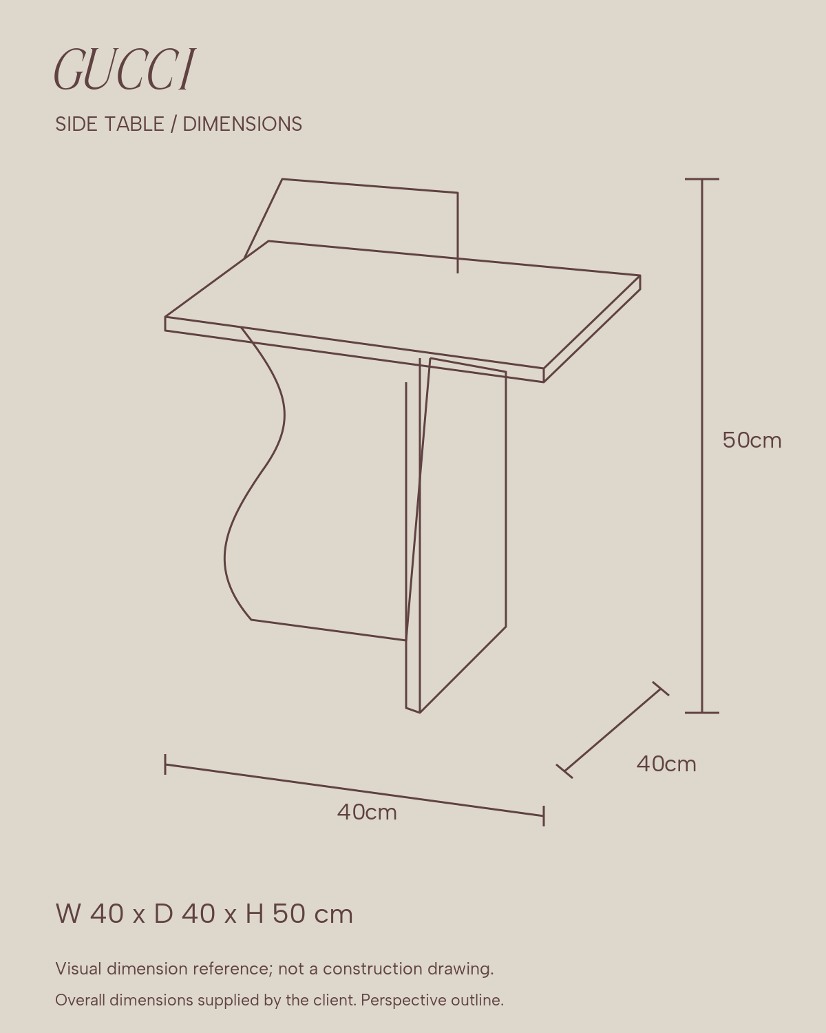GUCCI Side Table — W 40 × D 40 × H 50 cm dimension sketch