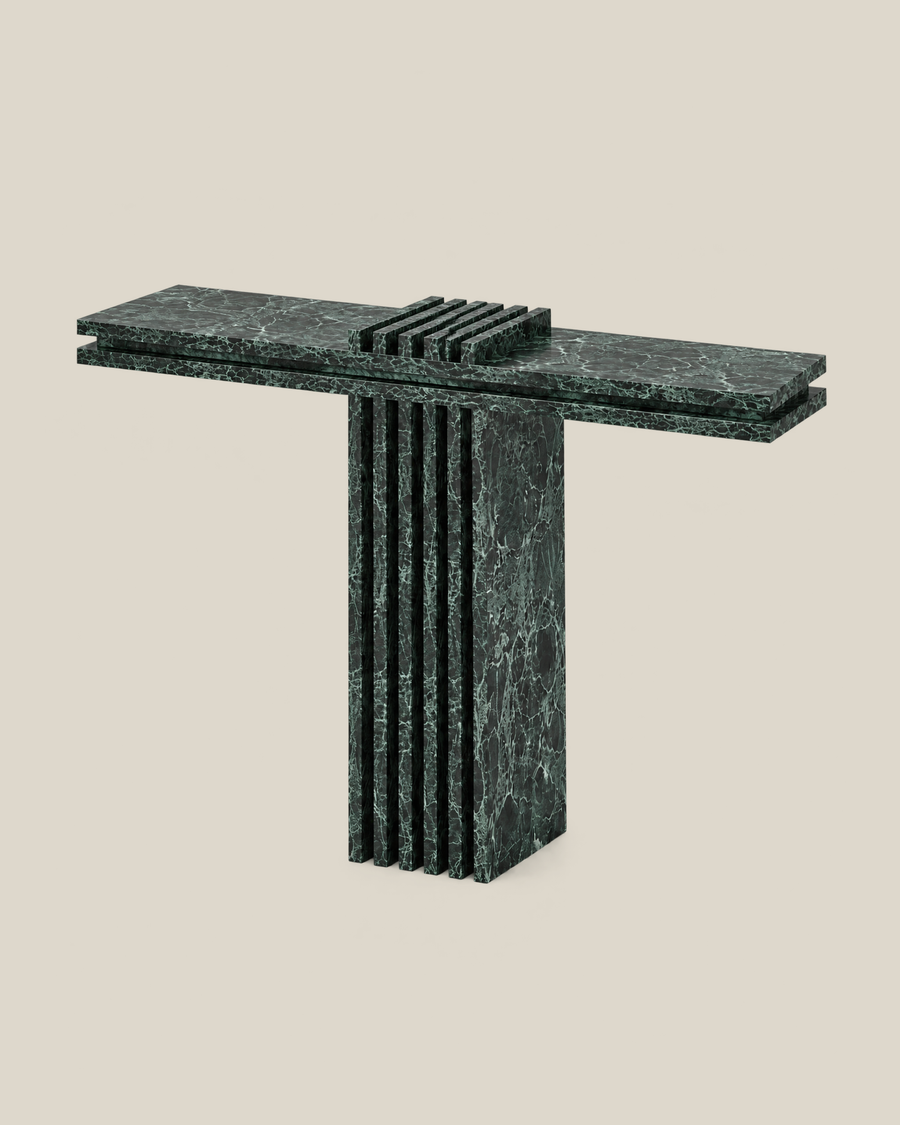 PIANO Console Table by CARVINGS in Verde Green Marble on a BONE background.