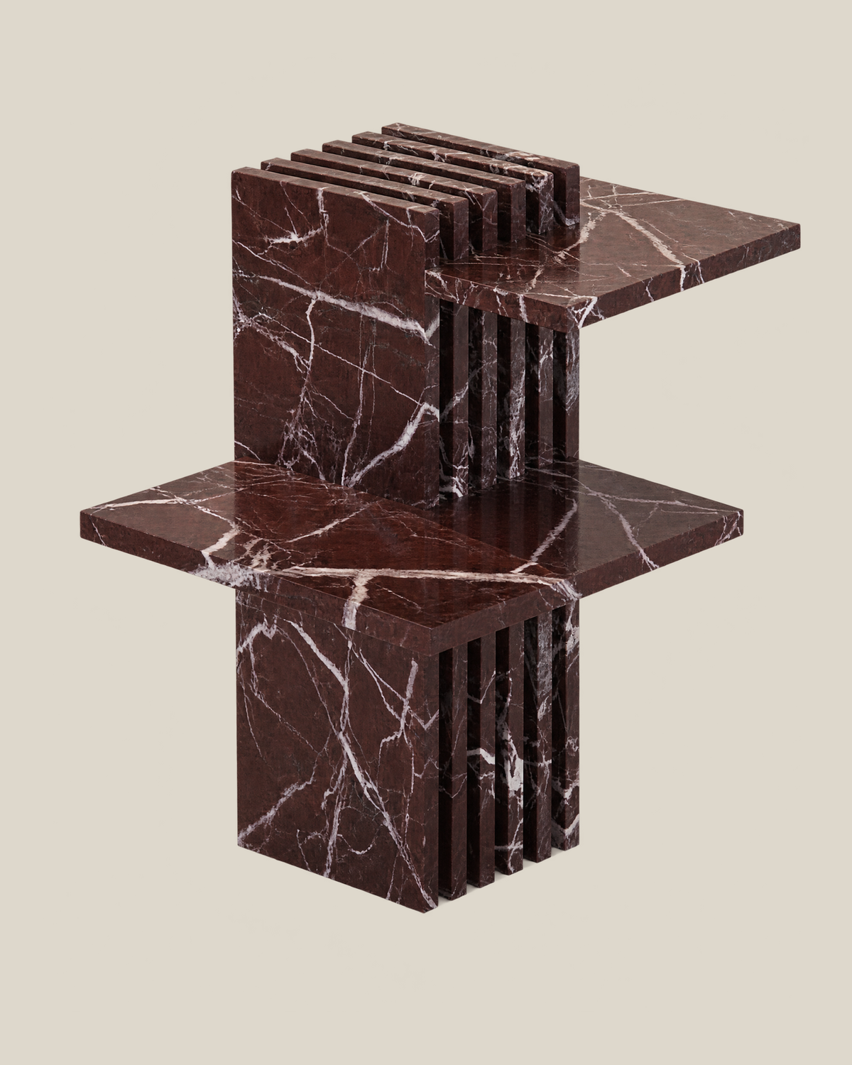 PIANO Side Table by CARVINGS in Rosso Levante Marble on a BONE background.