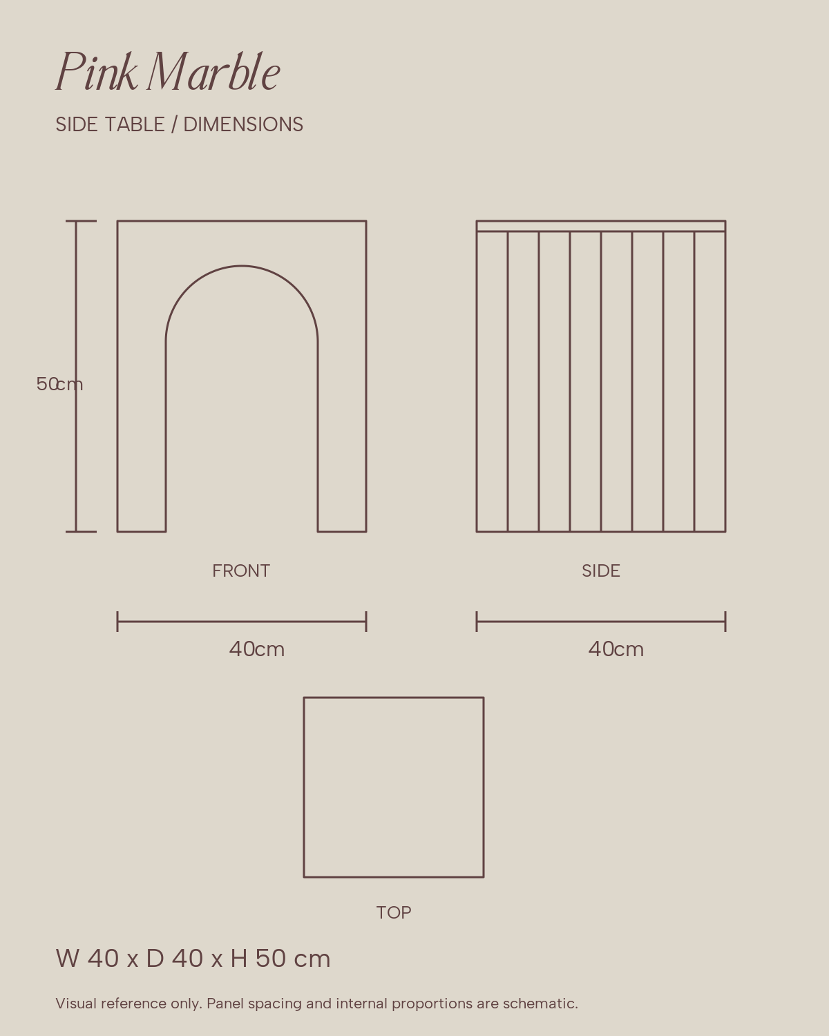 Pink Marble Side Table dimension sketch — 40 × 40 × 50 cm