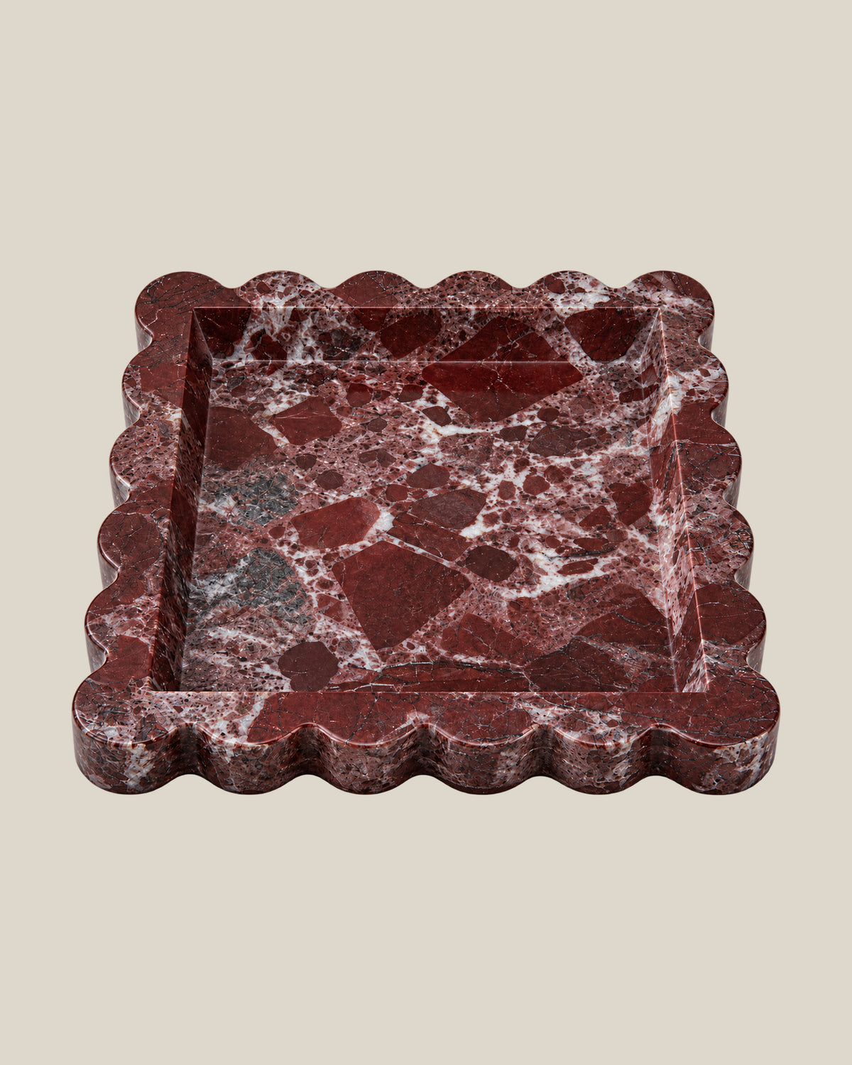 Tiffany Tray in burgundy marble, front view on BONE background — 20 × 20 cm, 2 cm thick