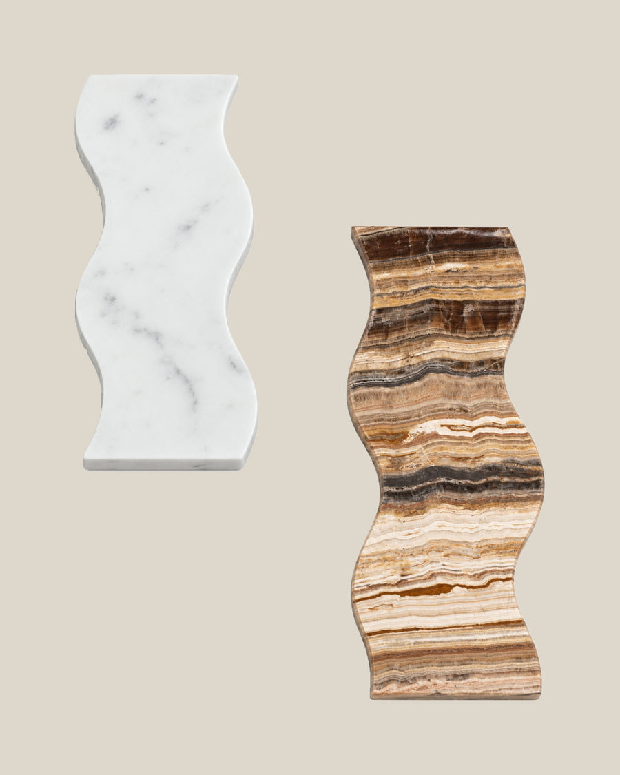 ATOMS Sezy Tray — White & Grey + Brown Banded, paired styling; each tray sold separately on BONE background