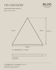 BLOC TRI-CHECKERS — Plain White × Burgundy triangle dimensions, 15 cm per side on BONE background