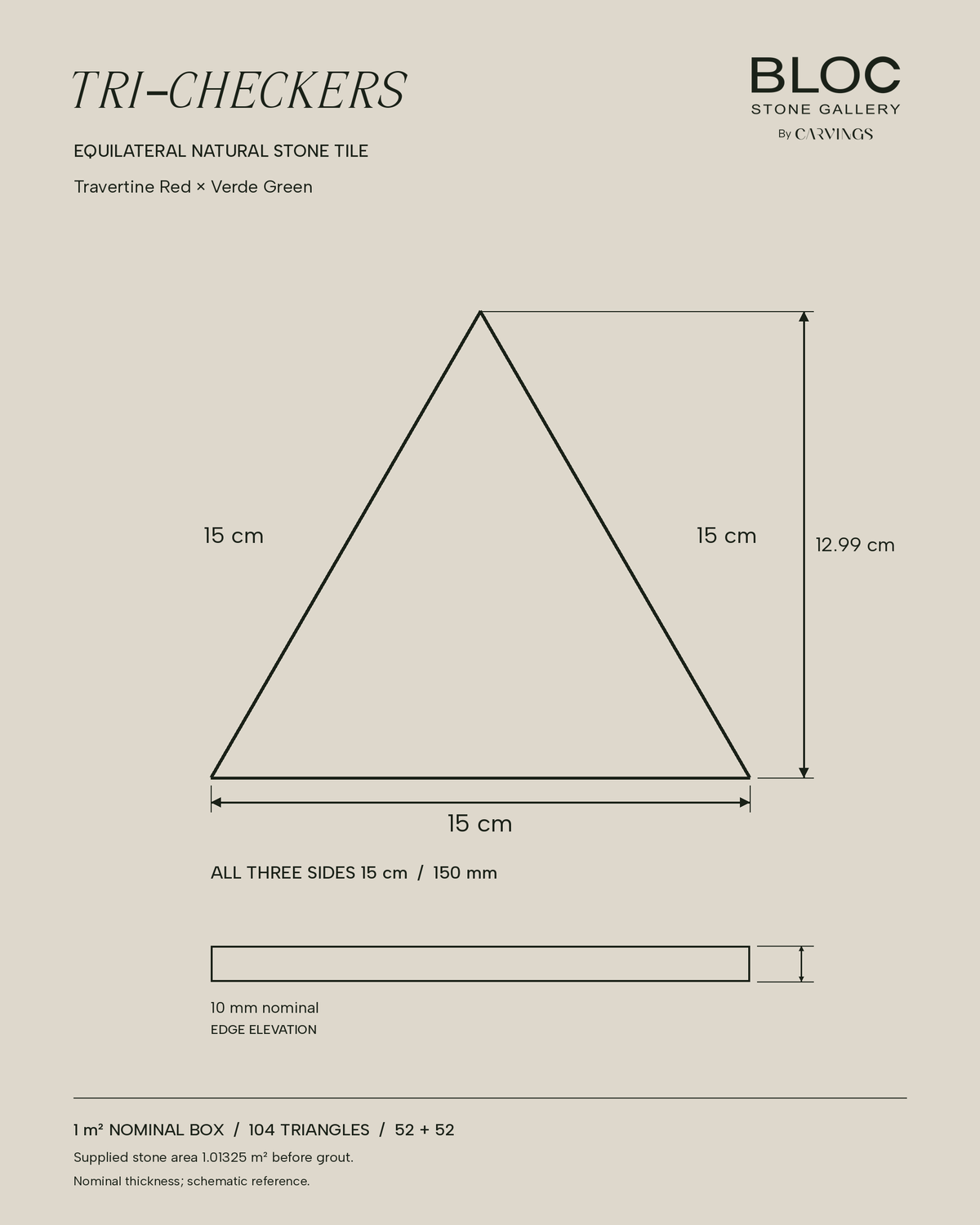 BLOC TRI-CHECKERS — Red × Green triangle dimensions, 15 cm per side on BONE background
