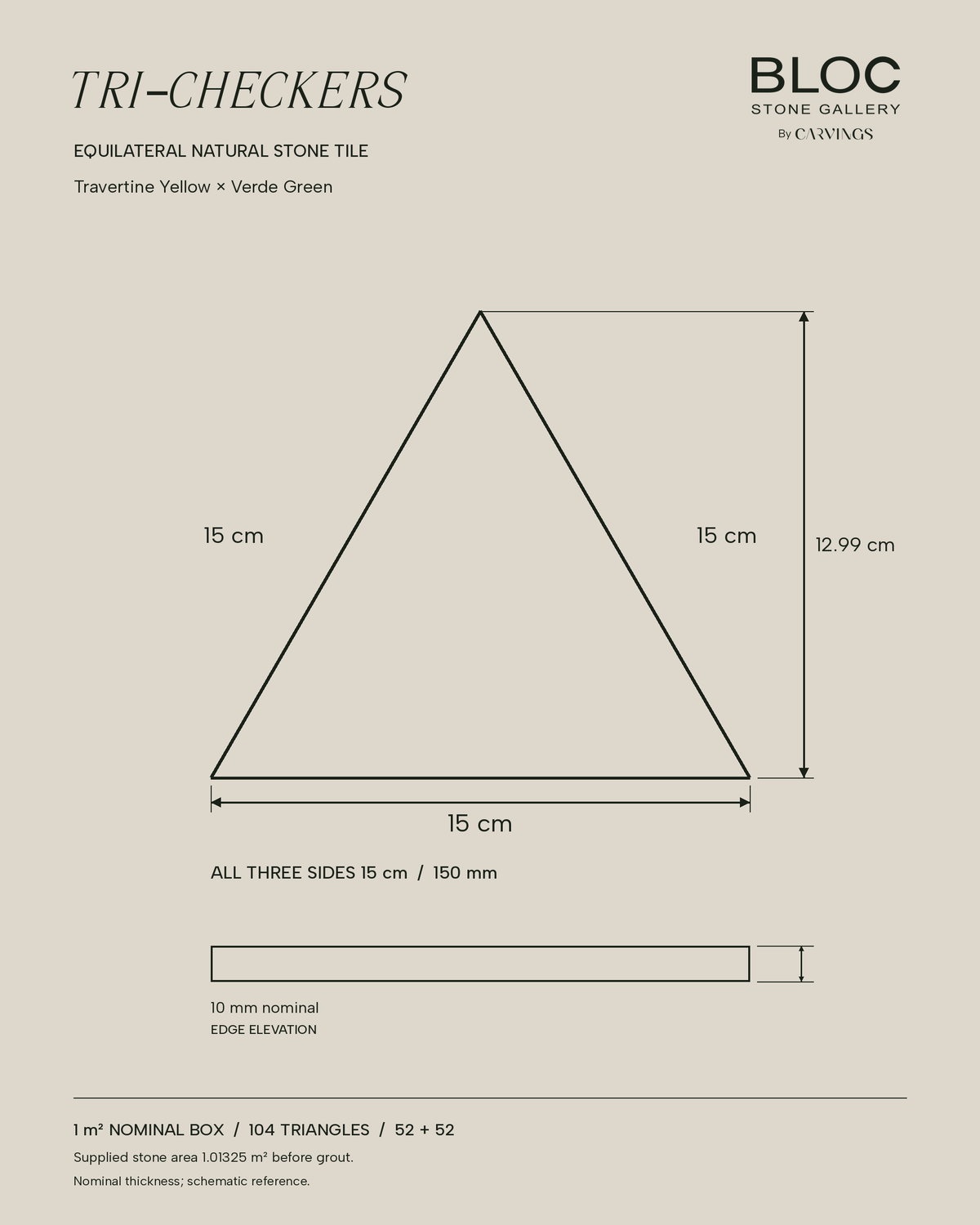 BLOC TRI-CHECKERS — Yellow × Green triangle dimensions, 15 cm per side on BONE background