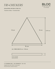 BLOC TRI-CHECKERS — Yellow × Red triangle dimensions, 15 cm per side on BONE background