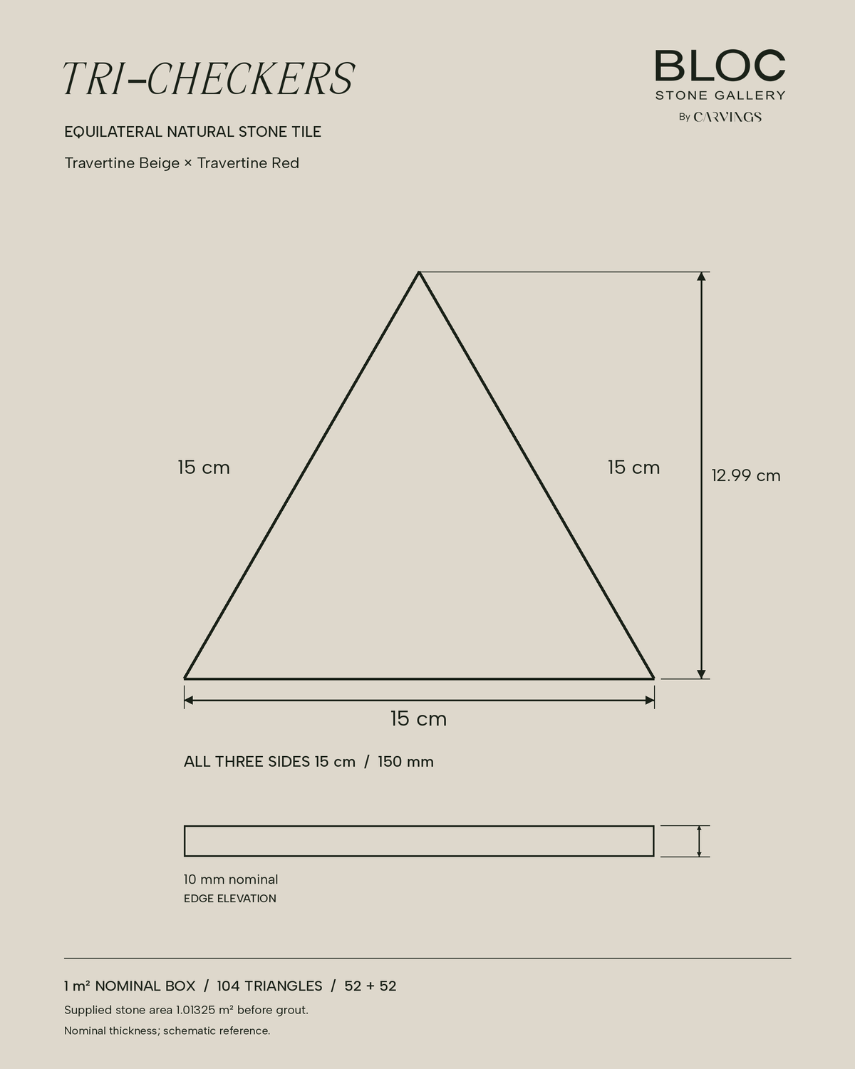 BLOC TRI-CHECKERS — Beige × Red triangle dimensions, 15 cm per side on BONE background