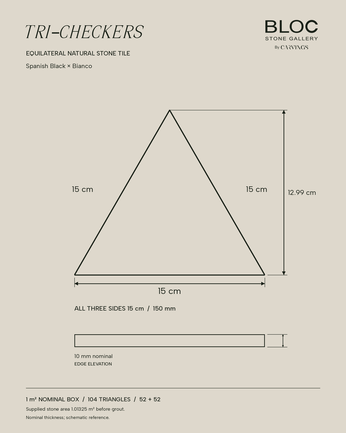 BLOC TRI-CHECKERS — Black × Plain White triangle dimensions, 15 cm per side on BONE background