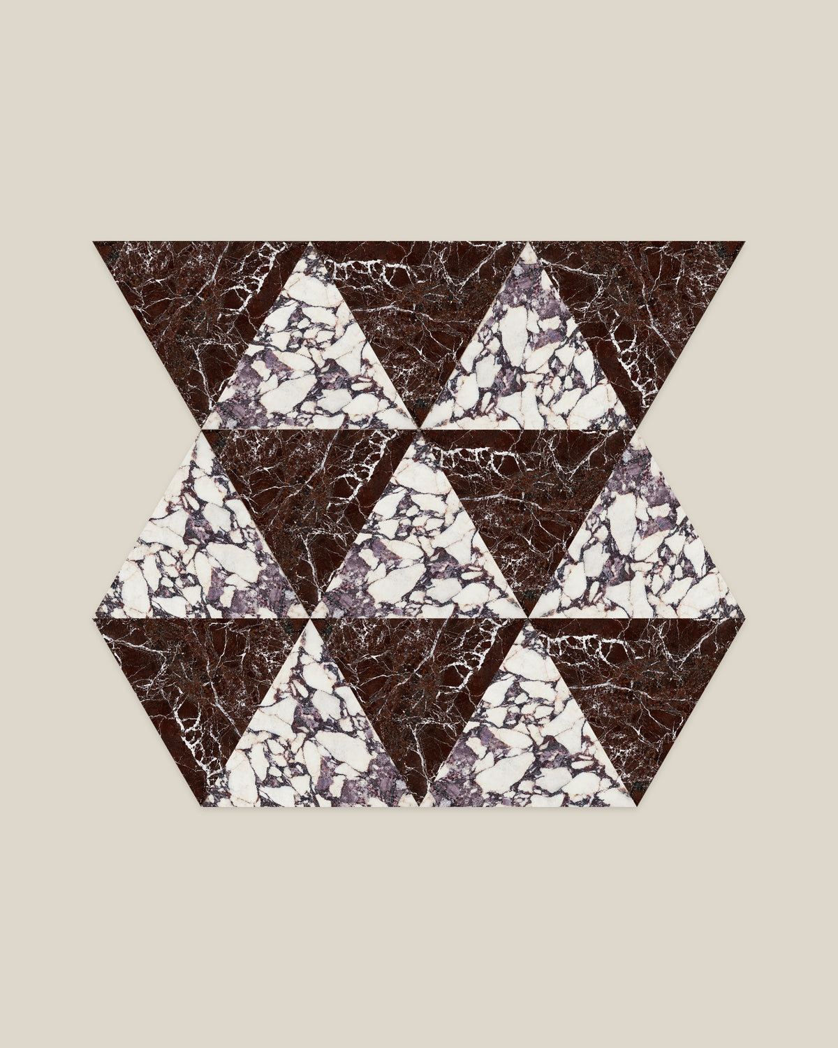 BLOC TRI-CHECKERS — Viola × Rosso tile pattern on BONE background