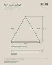BLOC TRI-CHECKERS — Viola × Rosso triangle dimensions, 15 cm per side on BONE background