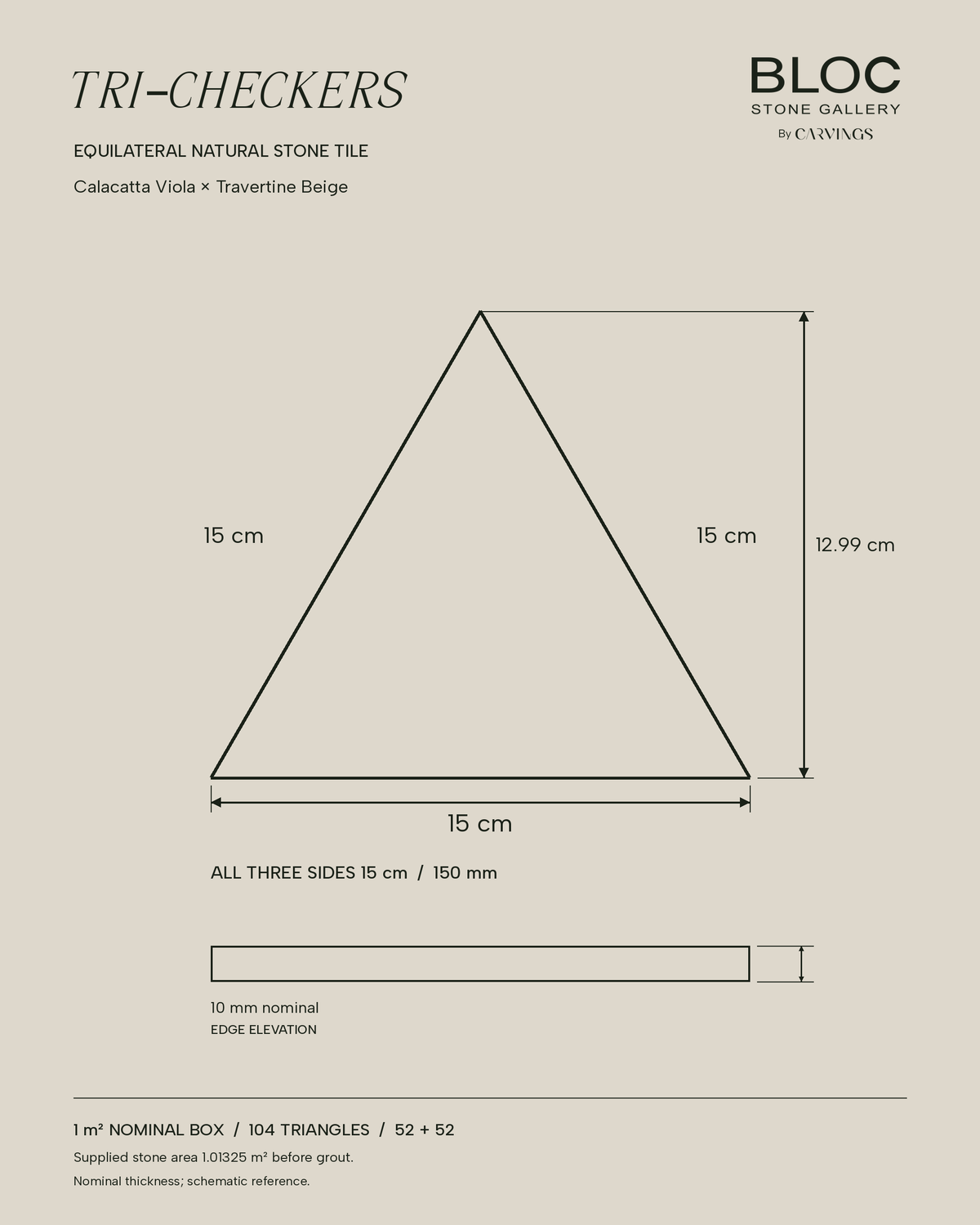 BLOC TRI-CHECKERS — Viola × Beige triangle dimensions, 15 cm per side on BONE background