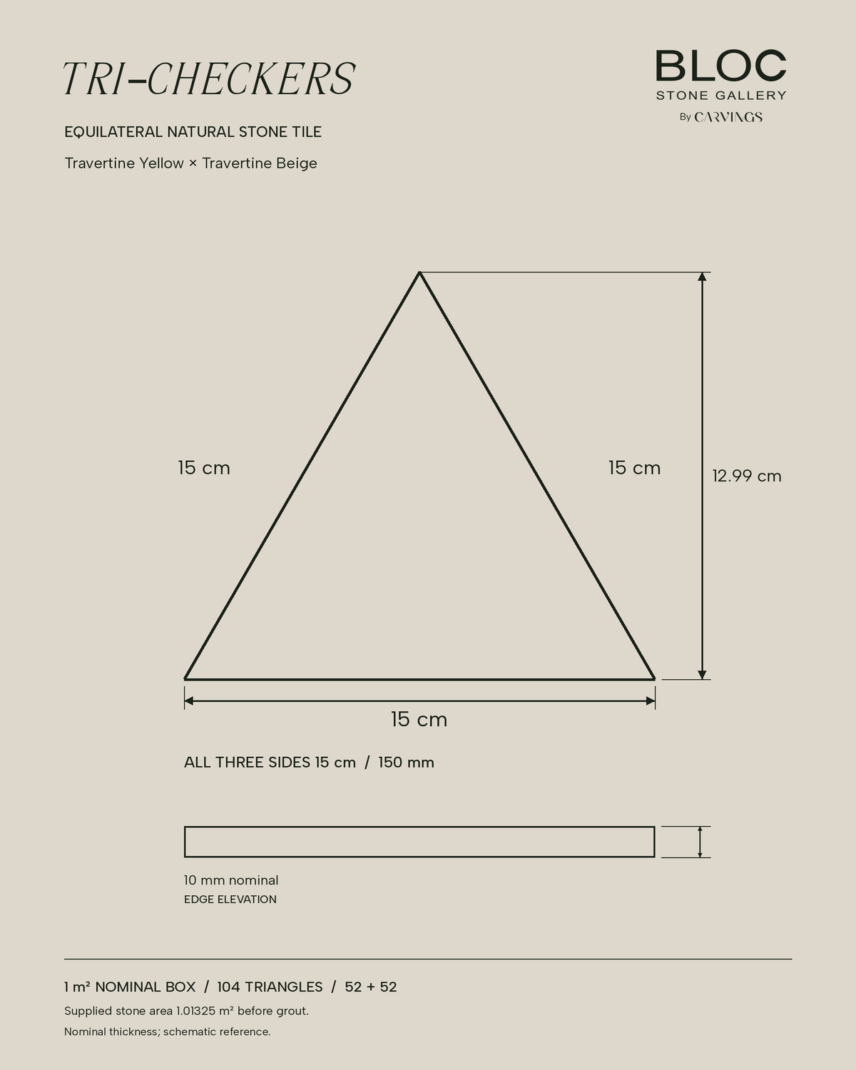 BLOC TRI-CHECKERS — Yellow × Beige triangle dimensions, 15 cm per side on BONE background