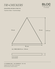 BLOC TRI-CHECKERS — Yellow × Beige triangle dimensions, 15 cm per side on BONE background