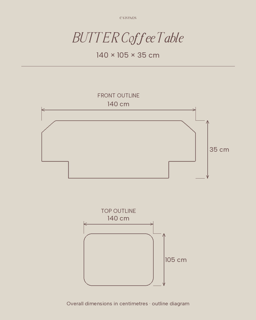 BUTTER coffee table by CARVINGS, dimension outline: length 140 cm, depth 105 cm, height 35 cm.
