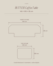 BUTTER coffee table by CARVINGS, dimension outline: length 140 cm, depth 105 cm, height 35 cm.