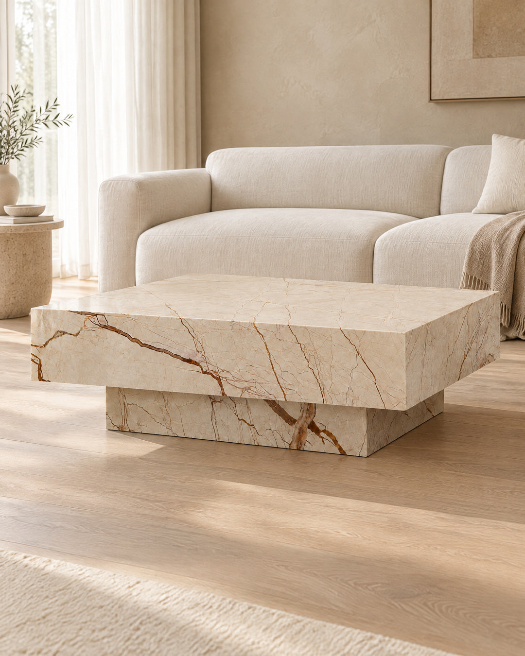 BUTTER coffee table by CARVINGS in Sofita Beige Marble, in a styled living room, left view.