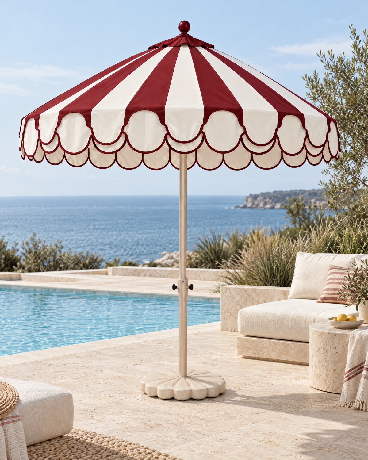 LA LUZ double scalloped umbrella — burgundy lifestyle, 185 cm overall height
