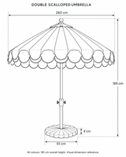 Umbrella outline: 260 cm canopy diameter, 185 cm total height, 55 cm base diameter and 8 cm base thickness