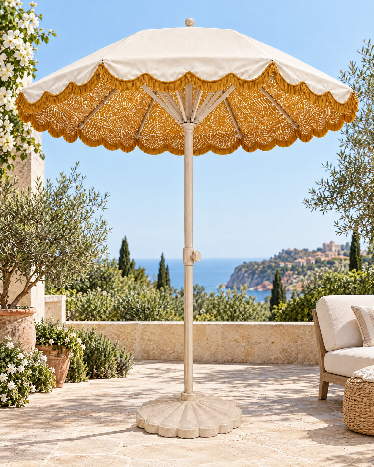 LA LUZ Fringed Parasol Umbrella Mustard Lifestyle