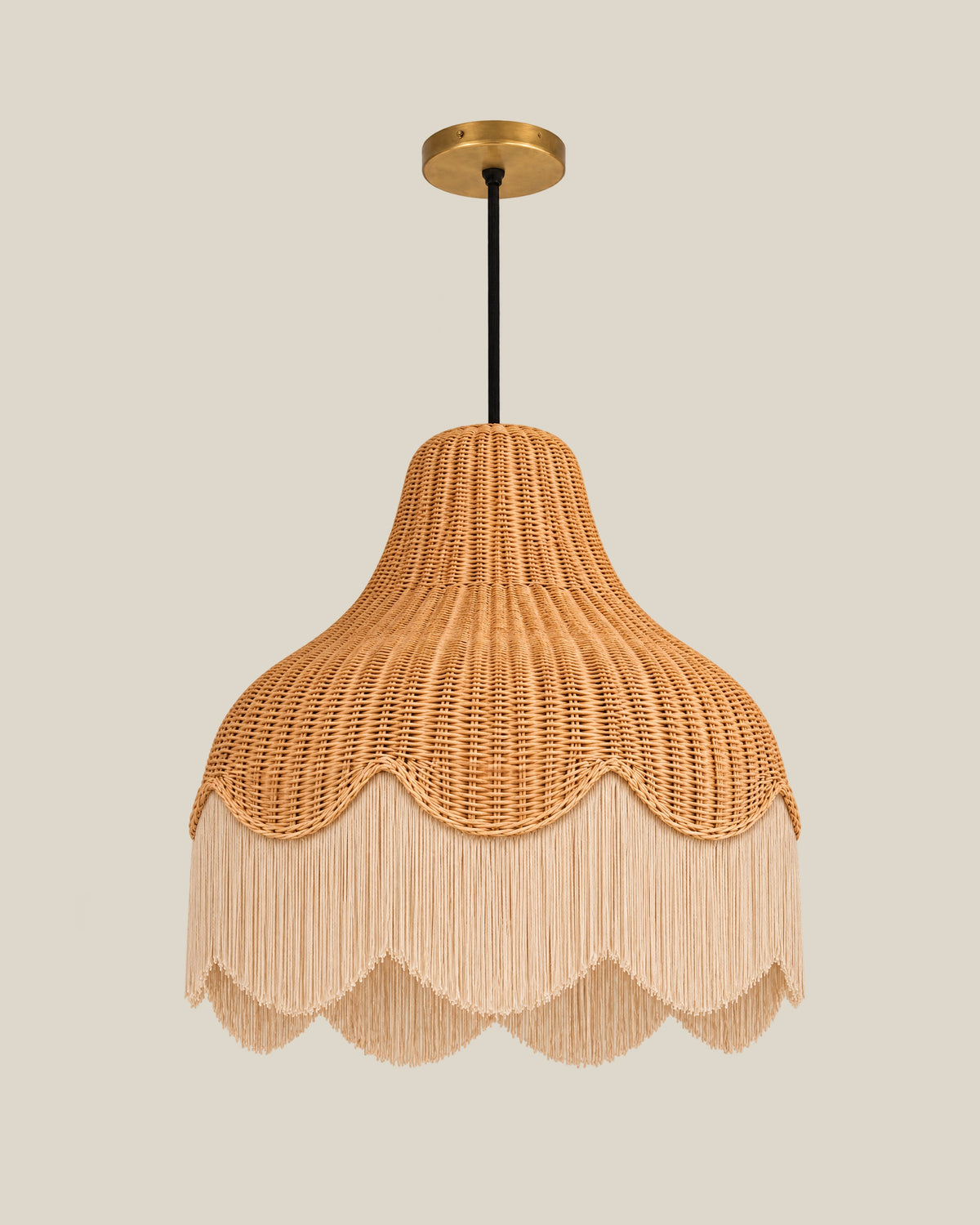 LA LUZ Scalloped Rattan Fringe Pendant — Beige Front