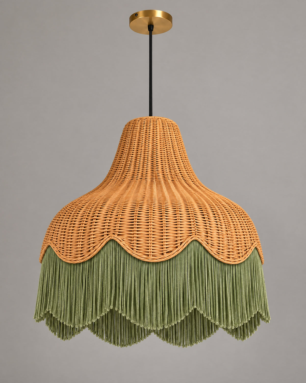 LA LUZ Scalloped Rattan Fringe Pendant — Sage Green Studio
