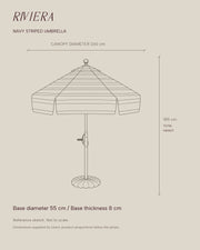 Riviera dimensioned outline: canopy diameter 260 cm, overall height 185 cm, base diameter 55 cm and thickness 8 cm; not to scale