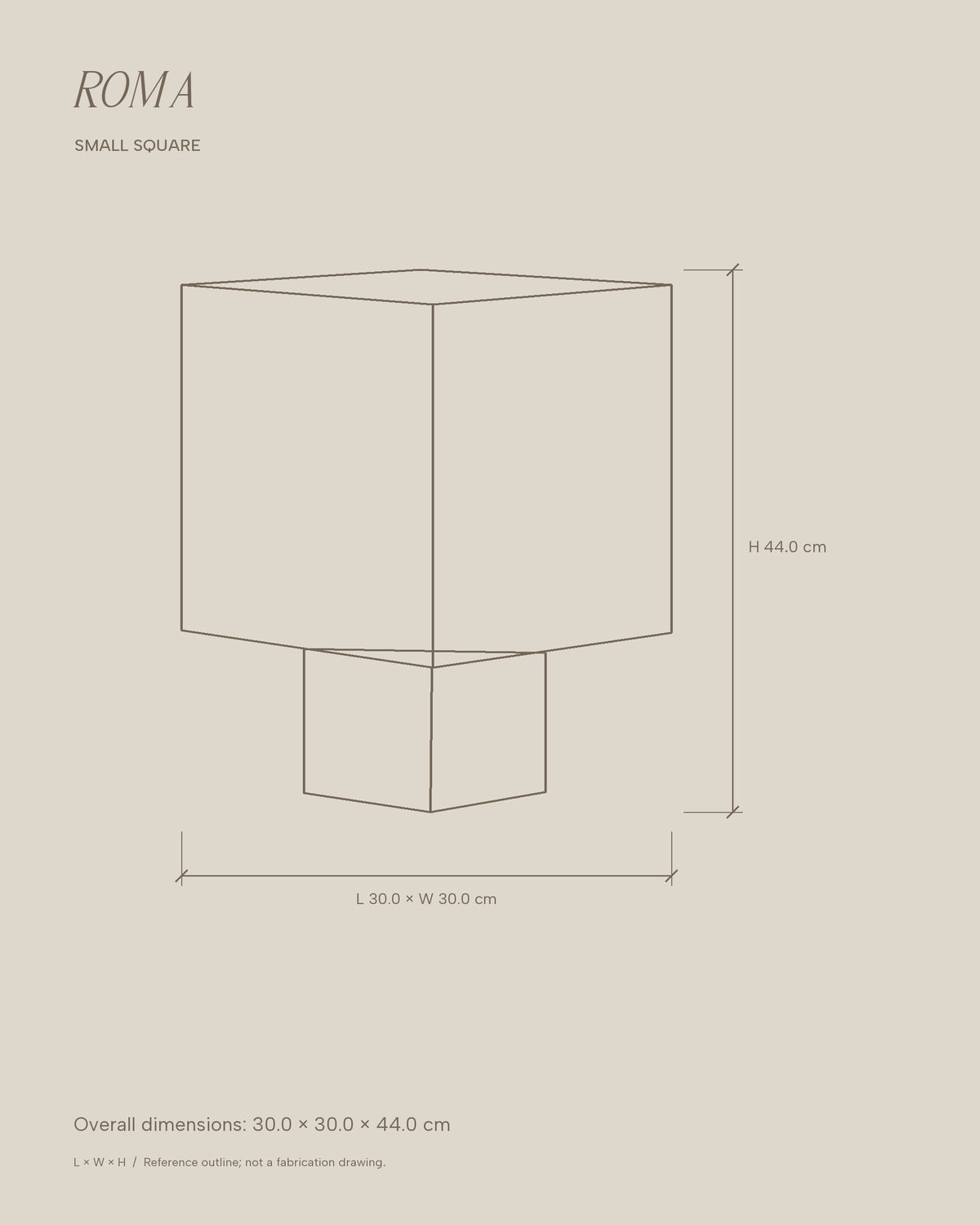 Roma Small Square overall dimension outline in centimetres.