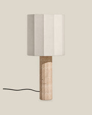 Roma Table Lamp, Large Faceted, Travertine Beige + White, on a bone background.