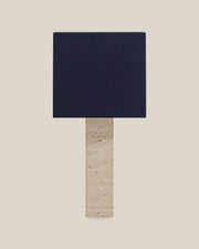 Roma Table Lamp, Large Square, Travertine Beige + Dark Blue, front hero view on bone background.