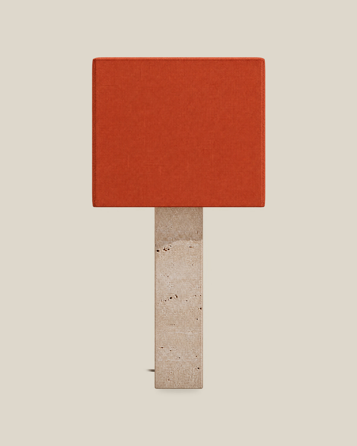 Roma Table Lamp, Large Square, Travertine Beige + Terracotta, front hero view on bone background.