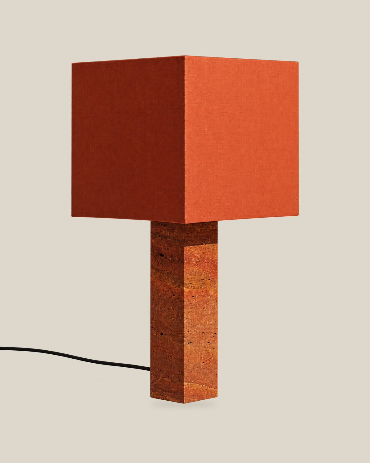 Roma Table Lamp, Large Square, Travertine Red + Terracotta, on a bone background.