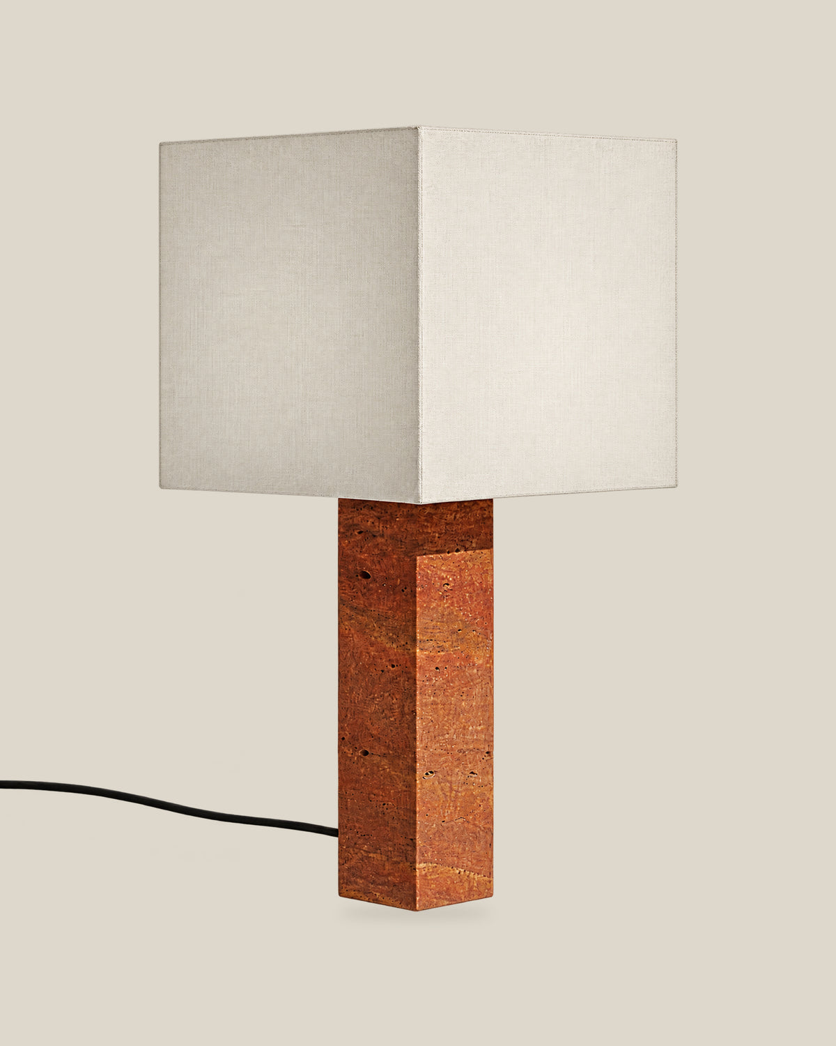 Roma Table Lamp, Large Square, Travertine Red + White, on a bone background.