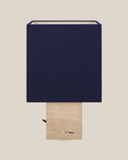 Roma Table Lamp, Small Square, Travertine Beige + Dark Blue, front hero view on bone background.