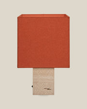 Roma Table Lamp, Small Square, Travertine Beige + Terracotta, front hero view on bone background.