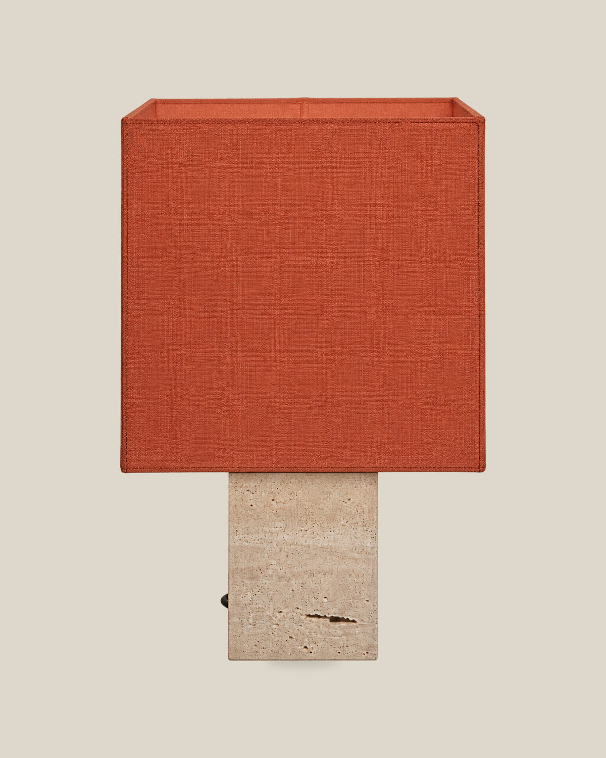 Roma Table Lamp, Small Square, Travertine Beige + Terracotta, front hero view on bone background.