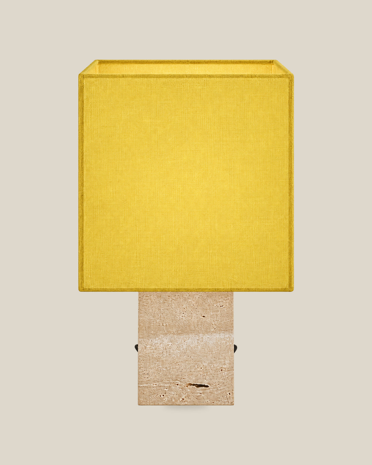 Roma Table Lamp, Small Square, Travertine Beige + Yellow, front hero view on bone background.