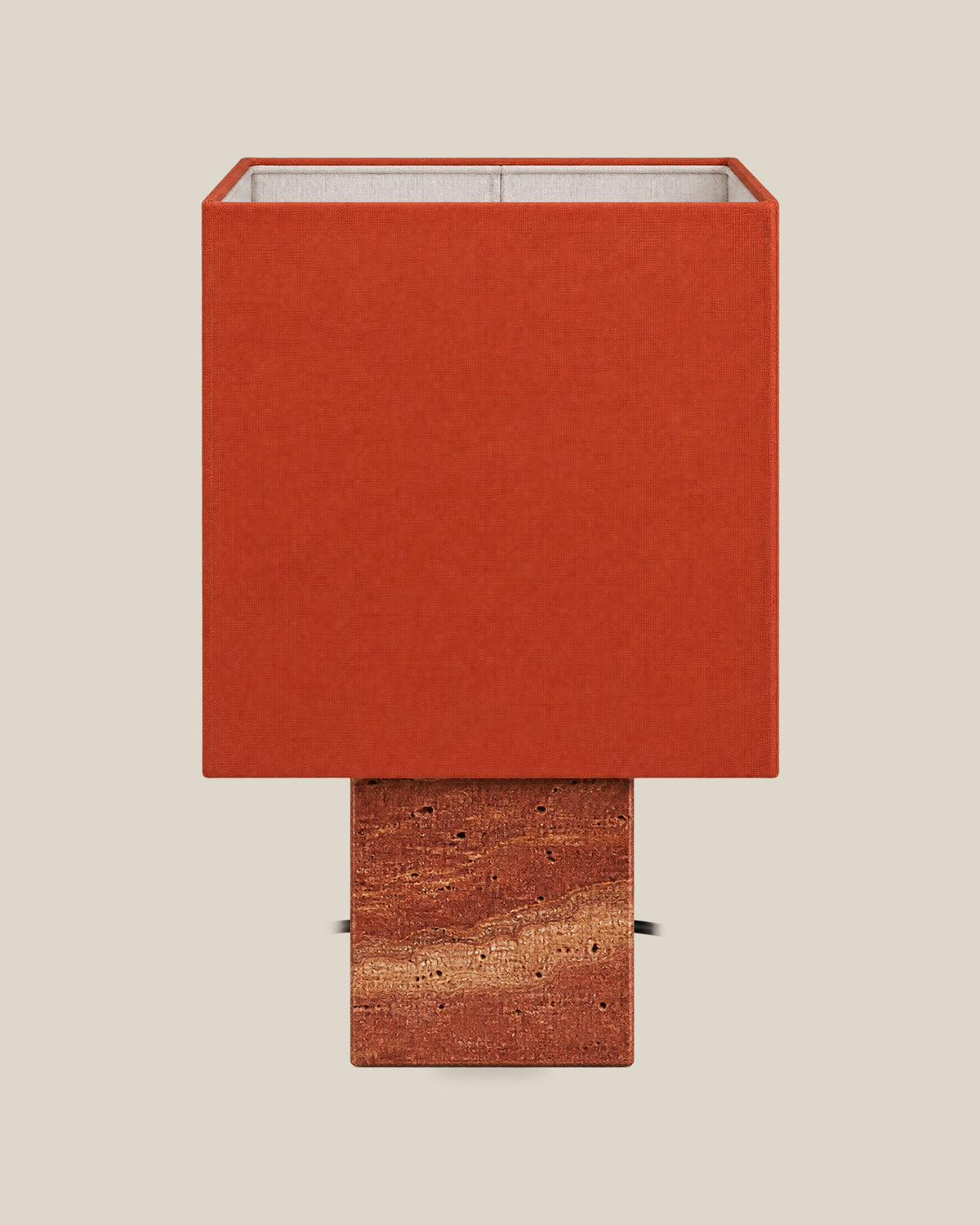 Roma Table Lamp, Small Square, Travertine Red + Terracotta, front hero view on bone background.
