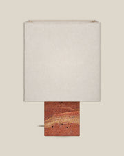 Roma Table Lamp, Small Square, Travertine Red + White, front hero view on bone background.