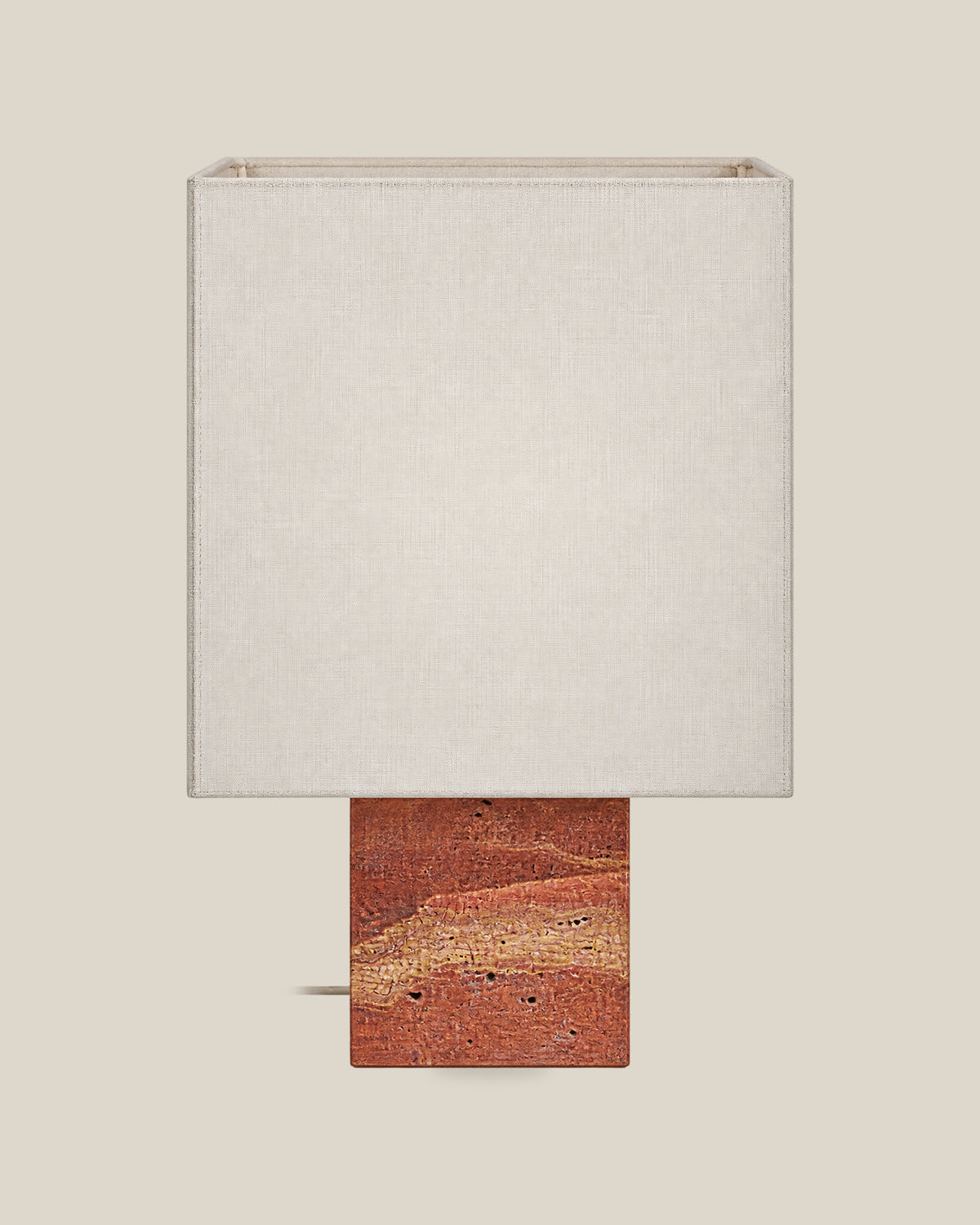 Roma Table Lamp, Small Square, Travertine Red + White, front hero view on bone background.