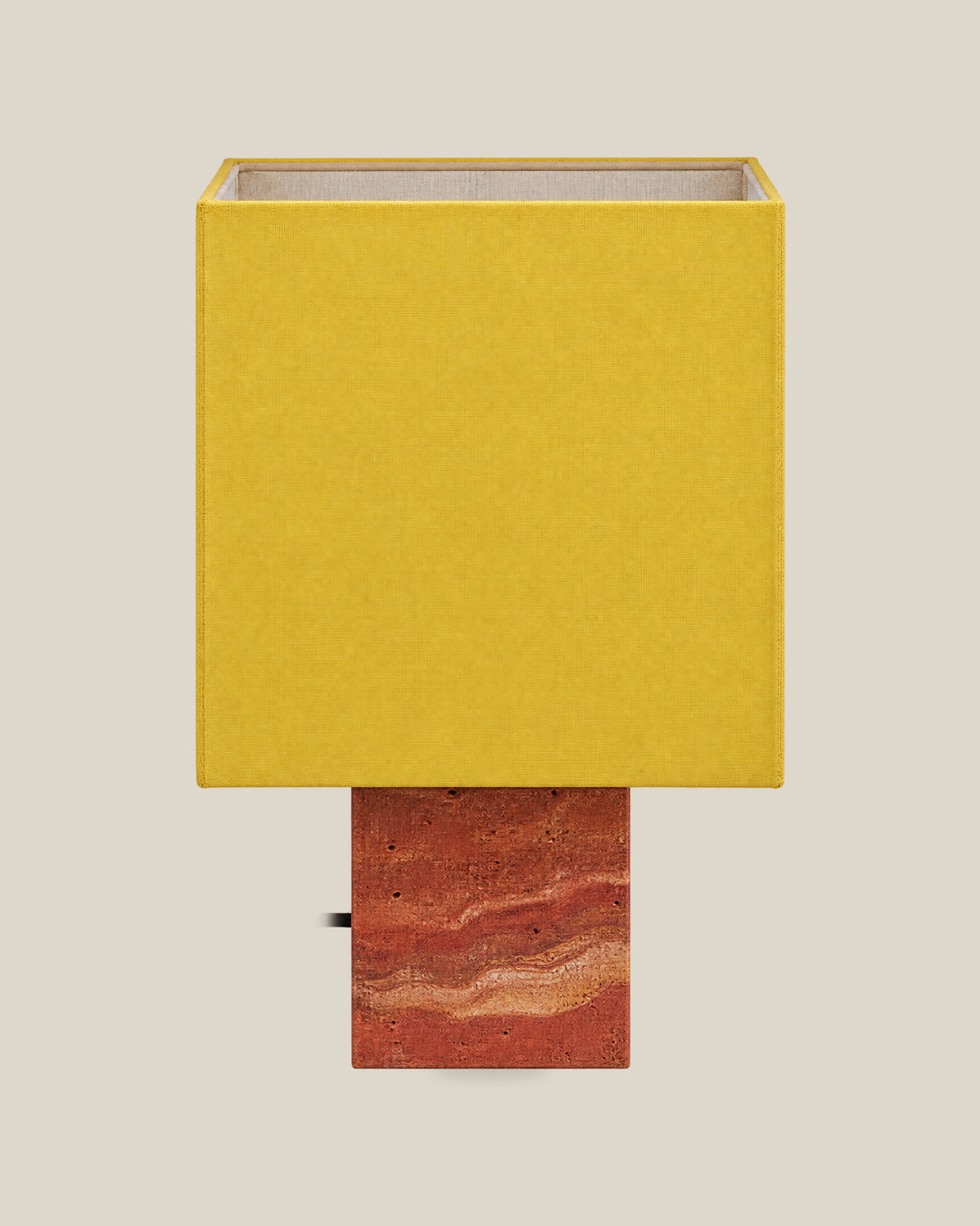 Roma Table Lamp, Small Square, Travertine Red + Yellow, front hero view on bone background.