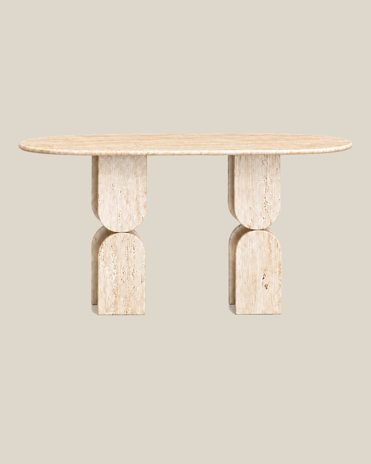 Sculptural Travertine Console Table, front view on BONE.