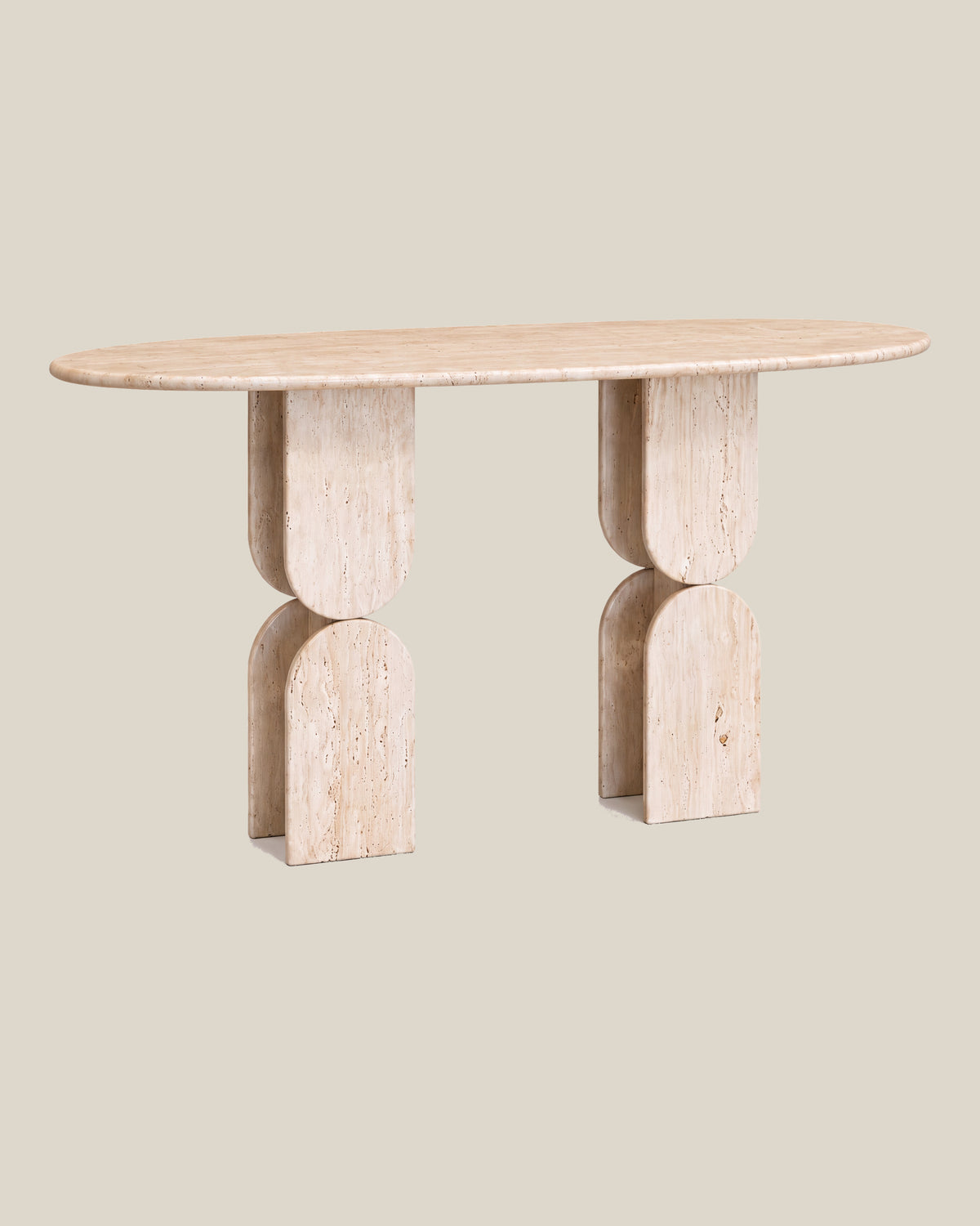 Sculptural Travertine Console Table, low front view on BONE.