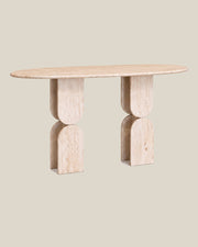 Sculptural Travertine Console Table, low front view on BONE.