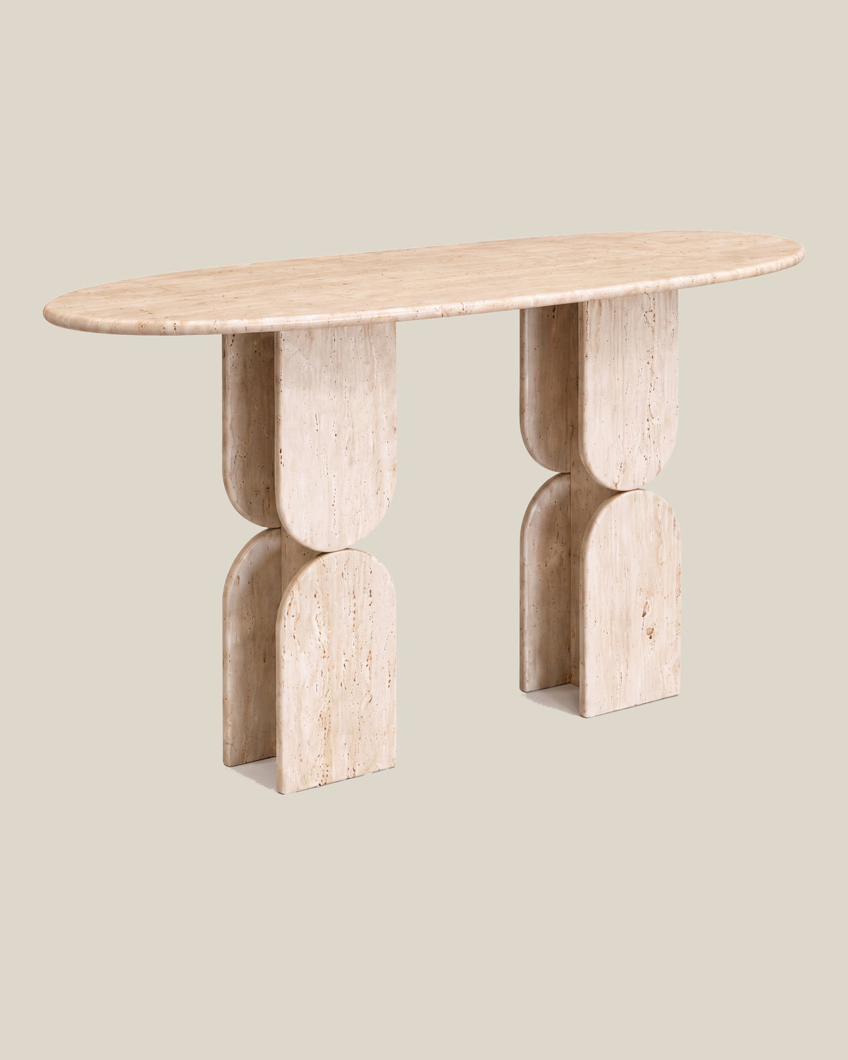 Sculptural Travertine Console Table, rear three-quarter view on BONE.