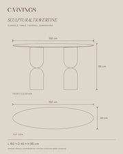 Sculptural Console schematic front and top outlines, length 150 cm, depth 40 cm, height 85 cm.